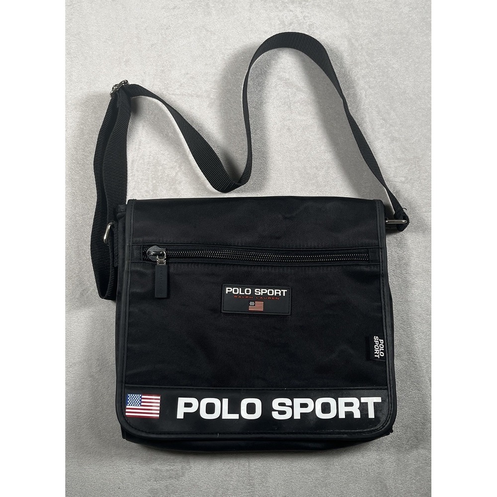 VTG POLO SPORT Ralph Lauren Mens Crossbody Messenger Shoulder Bag Black Flag